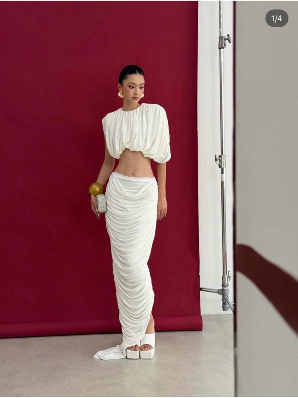 White Draped Maxi Dress with Ruched Skirt